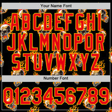 Load image into Gallery viewer, Custom Black Fire Red-Gold 3D Flame? Skull Authentic Baseball Jersey