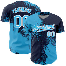 Load image into Gallery viewer, Custom Sky Blue Navy-White 3D Pattern Design Abstract Brush Stroke Authentic Baseball Jersey