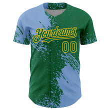 Load image into Gallery viewer, Custom Light Blue Kelly Green-Gold 3D Pattern Design Abstract Brush Stroke Authentic Baseball Jersey