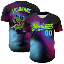 Load image into Gallery viewer, Custom Black Neon Green-Electric Blue 3D Pattern Design Rave Psychedelic Neon Dinosaur Authentic Baseball Jersey