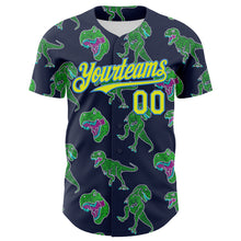 Load image into Gallery viewer, Custom Navy Neon Yellow-Electric Blue 3D Pattern Design Rave Psychedelic Neon Dinosaur Authentic Baseball Jersey