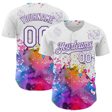 Load image into Gallery viewer, Custom White Purple 3D Pattern Design Graffiti Splash And Constellation Space Galaxy Star Authentic Baseball Jersey