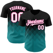 Load image into Gallery viewer, Custom Black White Teal-Pink 3D Gradient Square Shape Authentic Baseball Jersey