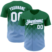 Load image into Gallery viewer, Custom Kelly Green White-Light Blue 3D Gradient Square Shape Authentic Baseball Jersey