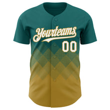 Load image into Gallery viewer, Custom Teal White-Old Gold 3D Gradient Square Shape Authentic Baseball Jersey