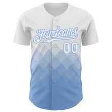 Load image into Gallery viewer, Custom White Light Blue 3D Gradient Square Shape Authentic Baseball Jersey