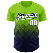 Load image into Gallery viewer, Custom Neon Green White-Navy 3D Gradient Square Shape Authentic Baseball Jersey