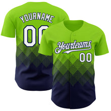 Load image into Gallery viewer, Custom Neon Green White-Navy 3D Gradient Square Shape Authentic Baseball Jersey