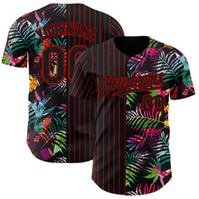 Load image into Gallery viewer, Custom Black Red 3D Pattern Design Pinstripe Tropical Palm Leaves Authentic Baseball Jersey