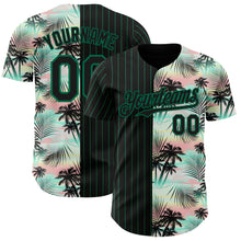 Load image into Gallery viewer, Custom Black Kelly Green 3D Pattern Design Pinstripe Tropical Palm Leaves Authentic Baseball Jersey