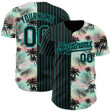 Load image into Gallery viewer, Custom Black Aqua 3D Pattern Design Pinstripe Tropical Palm Leaves Authentic Baseball Jersey