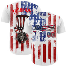 Load image into Gallery viewer, Custom White USA Flag Fire Red-Black 3D Patriotic Skull Authentic Baseball Jersey
