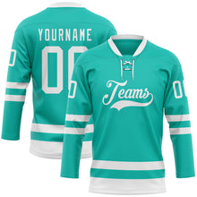 Load image into Gallery viewer, Custom Aqua White Hockey Lace Neck Jersey