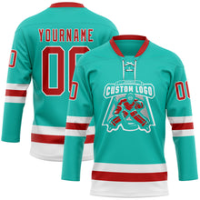 Load image into Gallery viewer, Custom Aqua Red-White Hockey Lace Neck Jersey