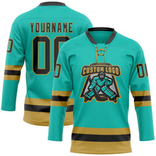 Load image into Gallery viewer, Custom Aqua Black-Old Gold Hockey Lace Neck Jersey