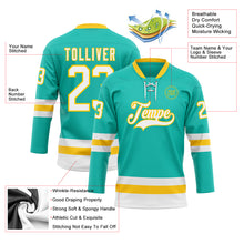 Load image into Gallery viewer, Custom Aqua White-Yellow Hockey Lace Neck Jersey