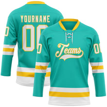 Load image into Gallery viewer, Custom Aqua White-Yellow Hockey Lace Neck Jersey