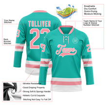 Load image into Gallery viewer, Custom Aqua Medium Pink-White Hockey Lace Neck Jersey