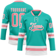 Load image into Gallery viewer, Custom Aqua Medium Pink-White Hockey Lace Neck Jersey