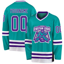 Load image into Gallery viewer, Custom Aqua Purple-White Hockey Jersey