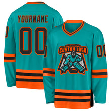 Load image into Gallery viewer, Custom Aqua Black-Orange Hockey Jersey