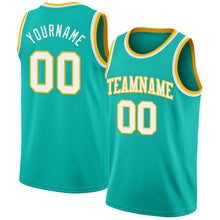 Load image into Gallery viewer, Custom Aqua White-Gold Authentic Basketball Jersey