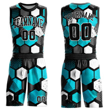 Load image into Gallery viewer, Custom Black Aqua-White Round Neck Sublimation Basketball Suit Jersey