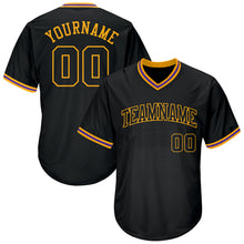 Load image into Gallery viewer, Custom Black Black-Gold Authentic Throwback Rib-Knit Baseball Jersey Shirt