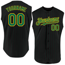 Load image into Gallery viewer, Custom Black Kelly Green Pinstripe Gold Authentic Sleeveless Baseball Jersey