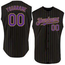 Load image into Gallery viewer, Custom Black Old Gold Pinstripe Purple Authentic Sleeveless Baseball Jersey
