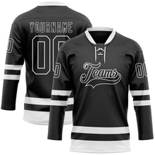 Load image into Gallery viewer, Custom Black White Hockey Lace Neck Jersey
