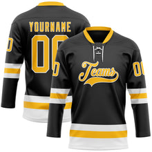 Load image into Gallery viewer, Custom Black Gold-White Hockey Lace Neck Jersey