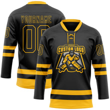 Load image into Gallery viewer, Custom Black Gold Hockey Lace Neck Jersey