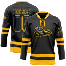 Load image into Gallery viewer, Custom Black Gold Hockey Lace Neck Jersey
