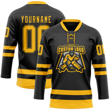 Load image into Gallery viewer, Custom Black Gold Hockey Lace Neck Jersey