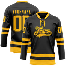 Load image into Gallery viewer, Custom Black Gold Hockey Lace Neck Jersey