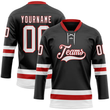 Load image into Gallery viewer, Custom Black White-Red Hockey Lace Neck Jersey