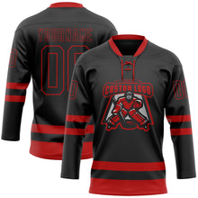 Load image into Gallery viewer, Custom Black Red Hockey Lace Neck Jersey