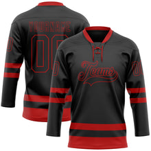 Load image into Gallery viewer, Custom Black Red Hockey Lace Neck Jersey