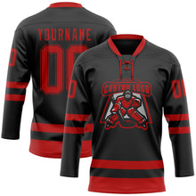 Load image into Gallery viewer, Custom Black Red Hockey Lace Neck Jersey