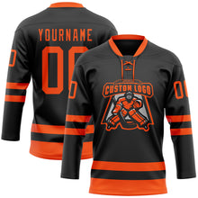 Load image into Gallery viewer, Custom Black Orange Hockey Lace Neck Jersey