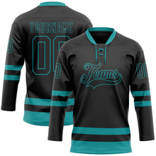 Load image into Gallery viewer, Custom Black Teal Hockey Lace Neck Jersey