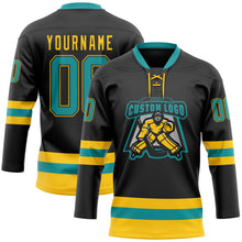 Load image into Gallery viewer, Custom Black Teal-Yellow Hockey Lace Neck Jersey