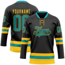 Load image into Gallery viewer, Custom Black Teal-Yellow Hockey Lace Neck Jersey