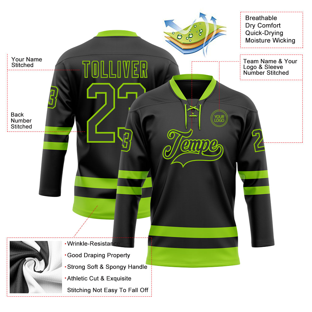 Custom Bright Green Purple-White Personalized Raglan Sleeves V-Neck Hockey Jersey