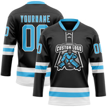 Load image into Gallery viewer, Custom Black Sky Blue-White Hockey Lace Neck Jersey