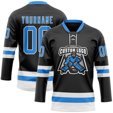 Load image into Gallery viewer, Custom Black Powder Blue-White Hockey Lace Neck Jersey