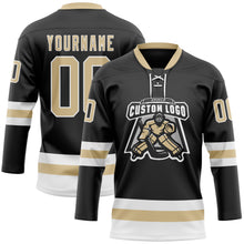 Load image into Gallery viewer, Custom Black Vegas Gold-White Hockey Lace Neck Jersey