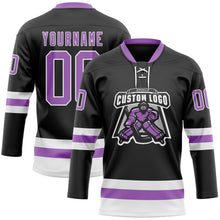 Load image into Gallery viewer, Custom Black Medium Purple-White Hockey Lace Neck Jersey