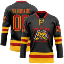 Load image into Gallery viewer, Custom Black Red-Gold Hockey Lace Neck Jersey